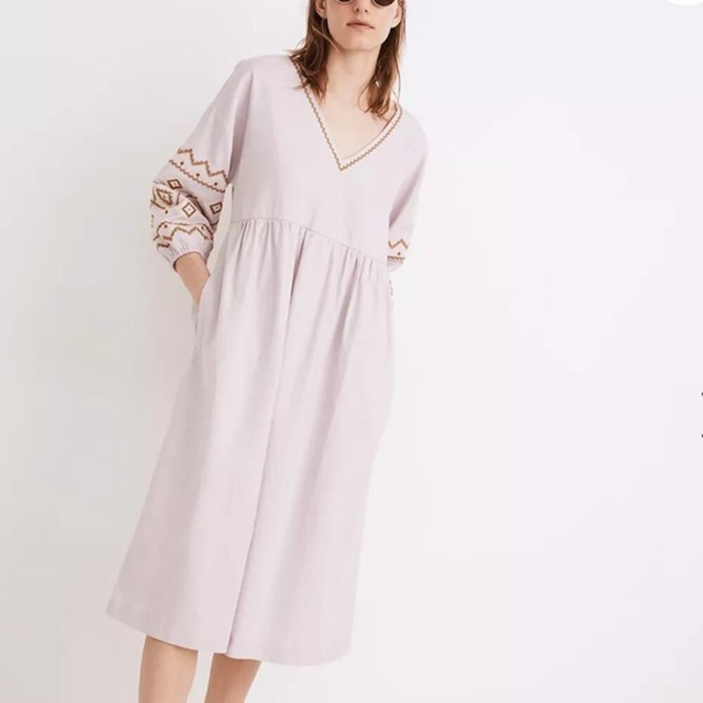 Madewell Embroidered Sleeve Popover Midi Dress Large Embroidered Lilac *Altered*